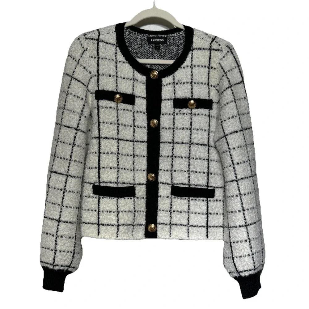 Express Plaid Novelty Button Sweater Jacket White‎ Black Sz Large Retail: $128